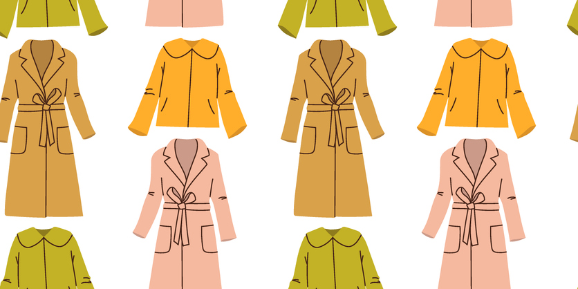 Seamless pattern with hand drawn colorful female overcoats on white background in flat style. For background, packaging, textile