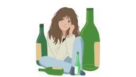 Female alcoholism. Drunk young woman sits in a pile of empty bottles. Alcohol abuse. Alcohol addiction. Mental health. Depression, stress, bad habit, unhealthy lifestyle. Isolated vector
