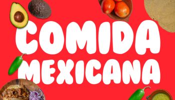top view photo of mexican food like tacos of ingredients like avocados and chili peppers with the phrase COMIDA MEXICANA in Spanish