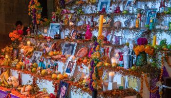 A large ofrenda in the Zocalo in front of the Metropolitan Cathedral to celebrate Day of the Dead in Oaxaca, Mexico
