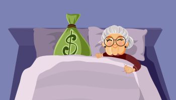Senior Woman Sleeping with Retirement Money Bag Vector Cartoon