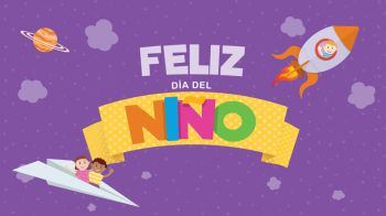 Feliz Dia del Nino greeting card - Happy Children's Day in Spanish language. Colored letters on a yellow ribbon with a child flying on a rocket and a couple of children on a paper plane on a purple sky with clouds and stars
