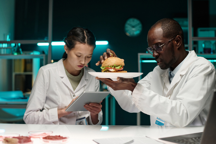 Biracial Lab Workers Conducting Research on Alternative Meat Food